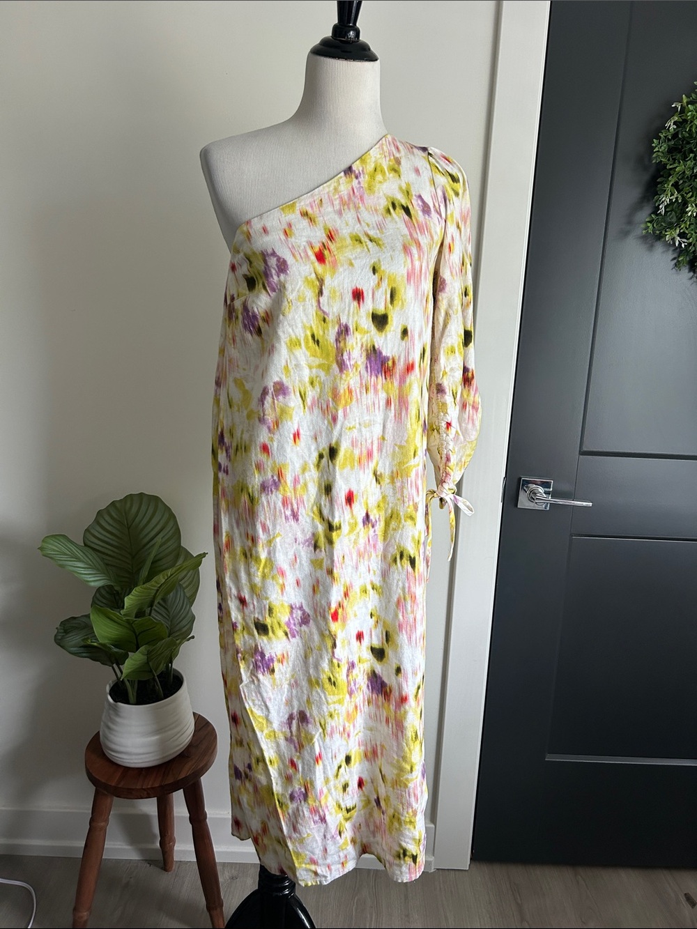 Unique S linen blend One-Shoulder Floral Watercolor Midi Dress - White/Yellow
